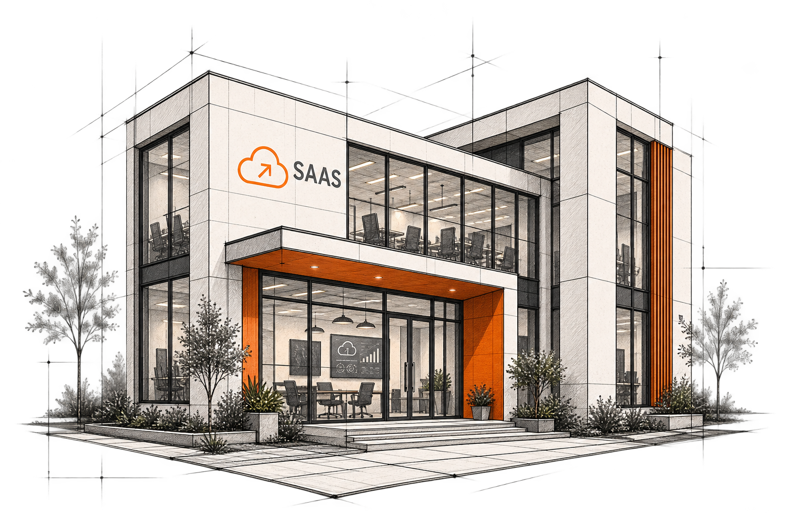 Architectural illustration of a SaaS office