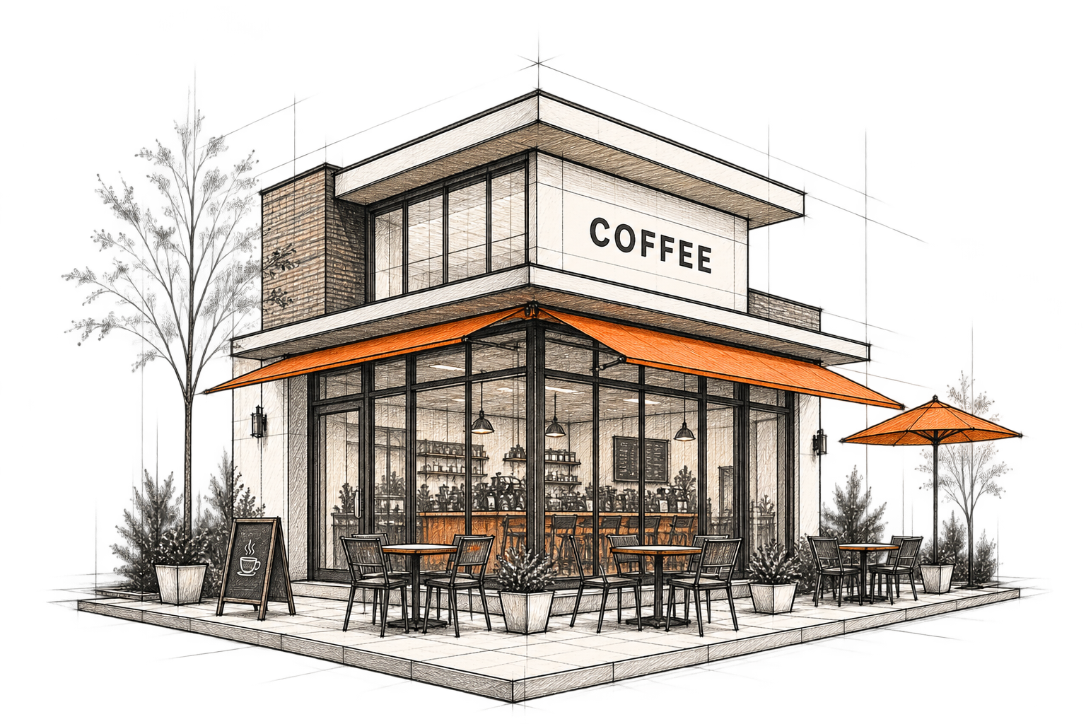 Architectural illustration of a coffee shop